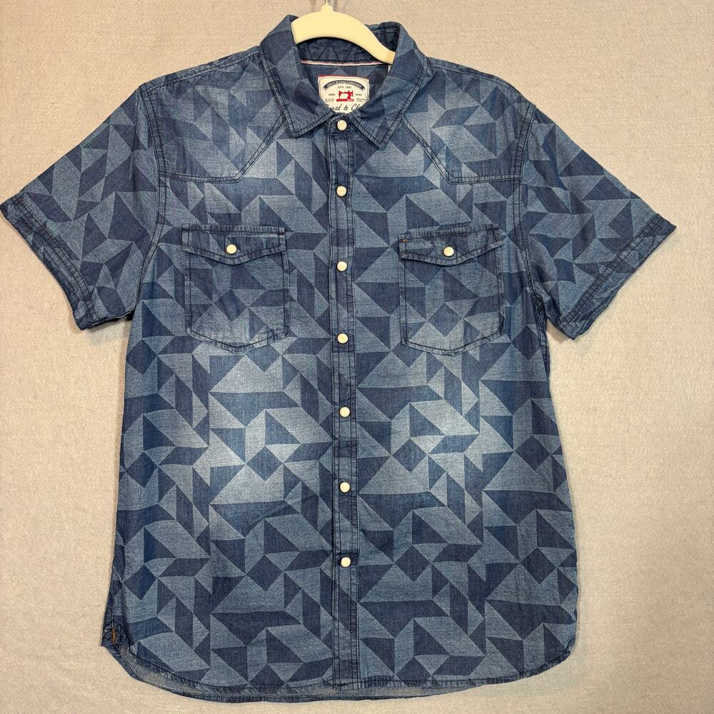 Thread & Cloth Distressed Geometric Denim Shirt‎ Mens Small Retro Western